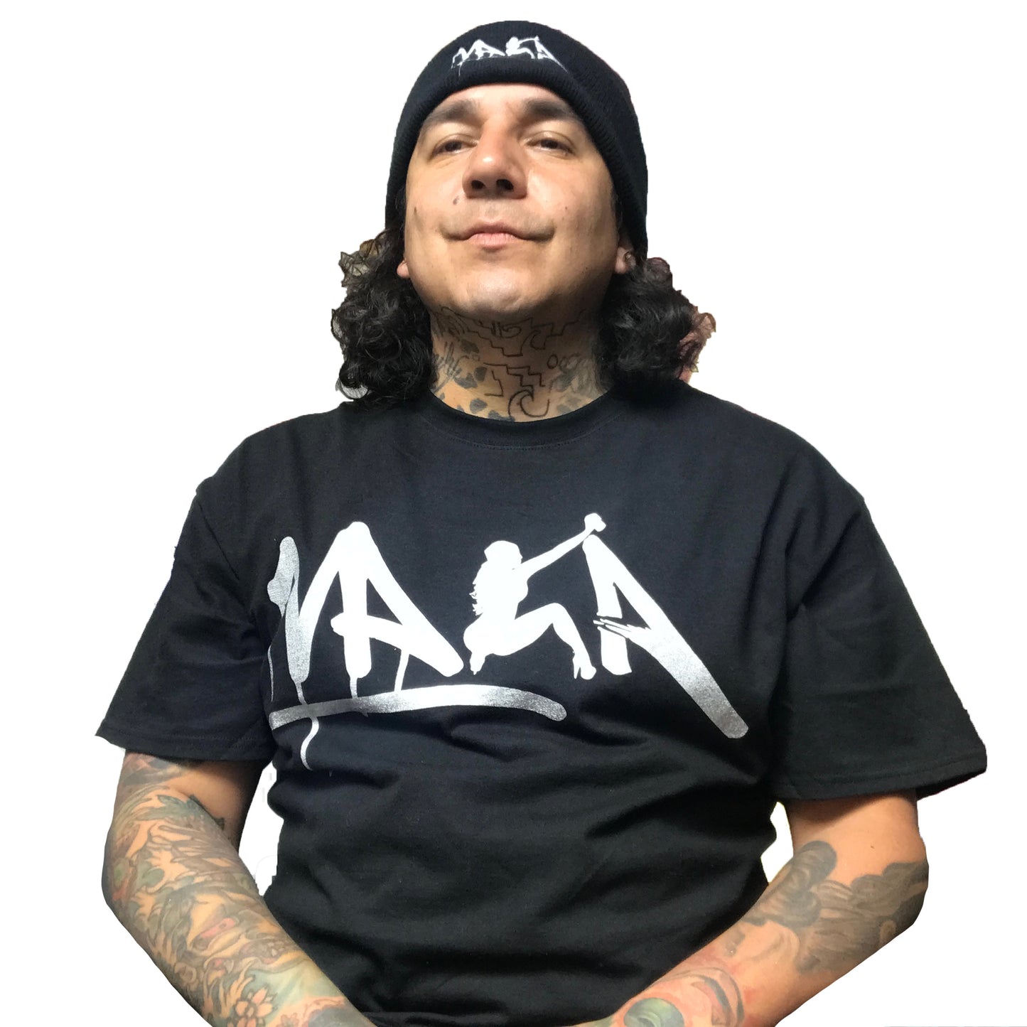 Person wearing a black t-shirt with a white graphic design on a white background