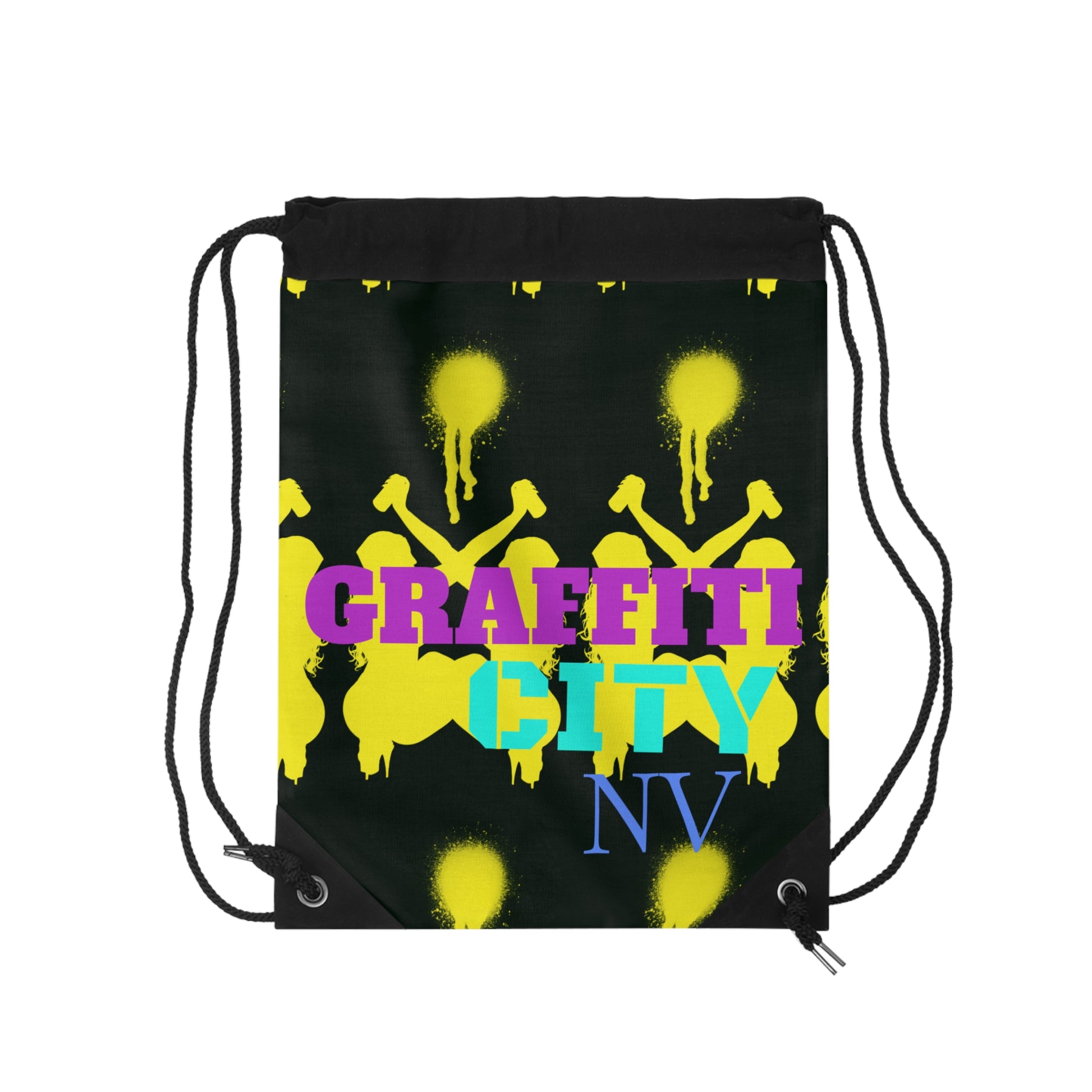 A black drawstring backpack featuring a vibrant graffiti-style graphic print with yellow paint splatters and the text 'GRAFFITI CITY NV' in pink, teal, and blue lettering.