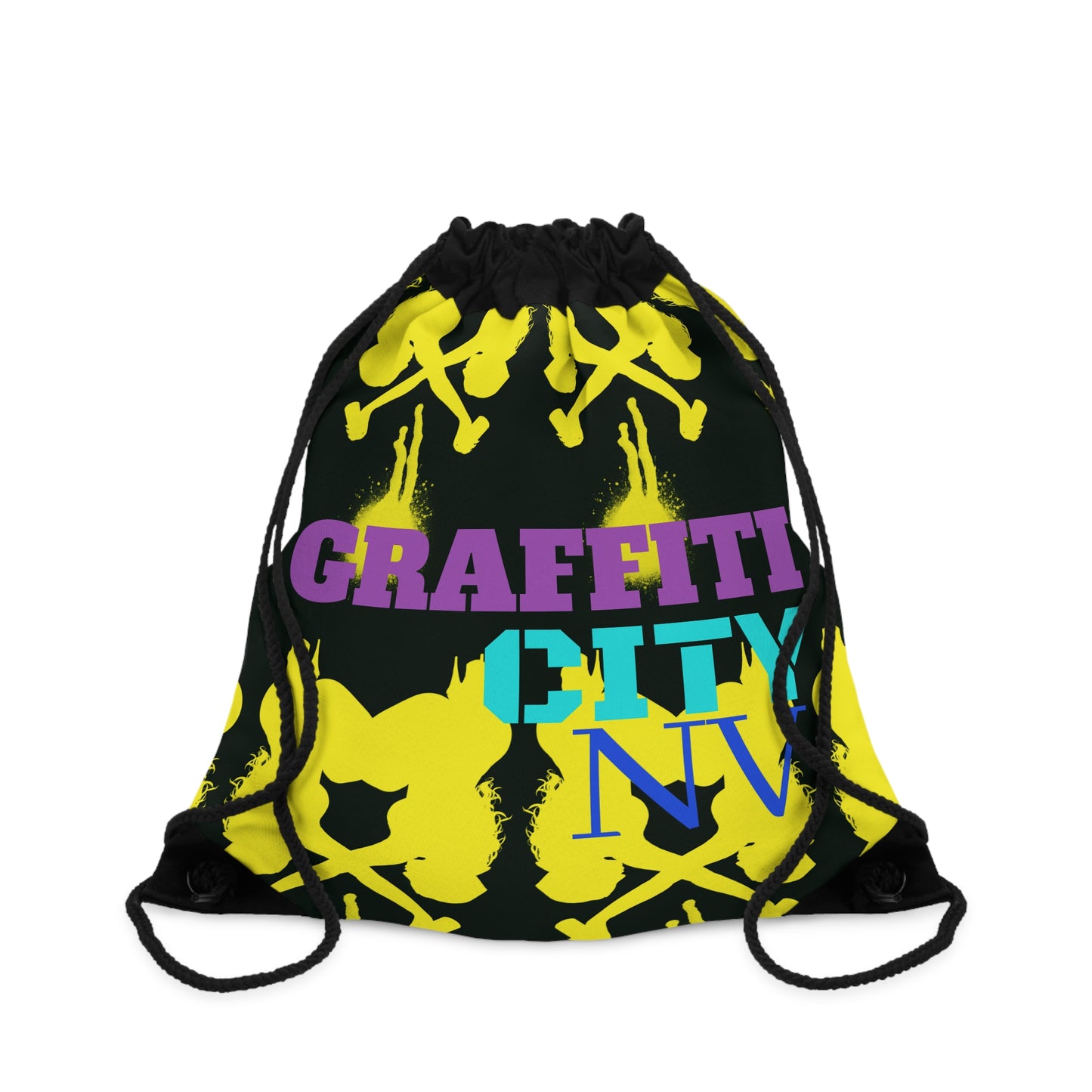 A black drawstring backpack featuring a vibrant graffiti-style graphic print with yellow skull and crossbones, purple 'GRAFFITI', teal 'CITY', and blue 'NV' text, shown on a plain white background.