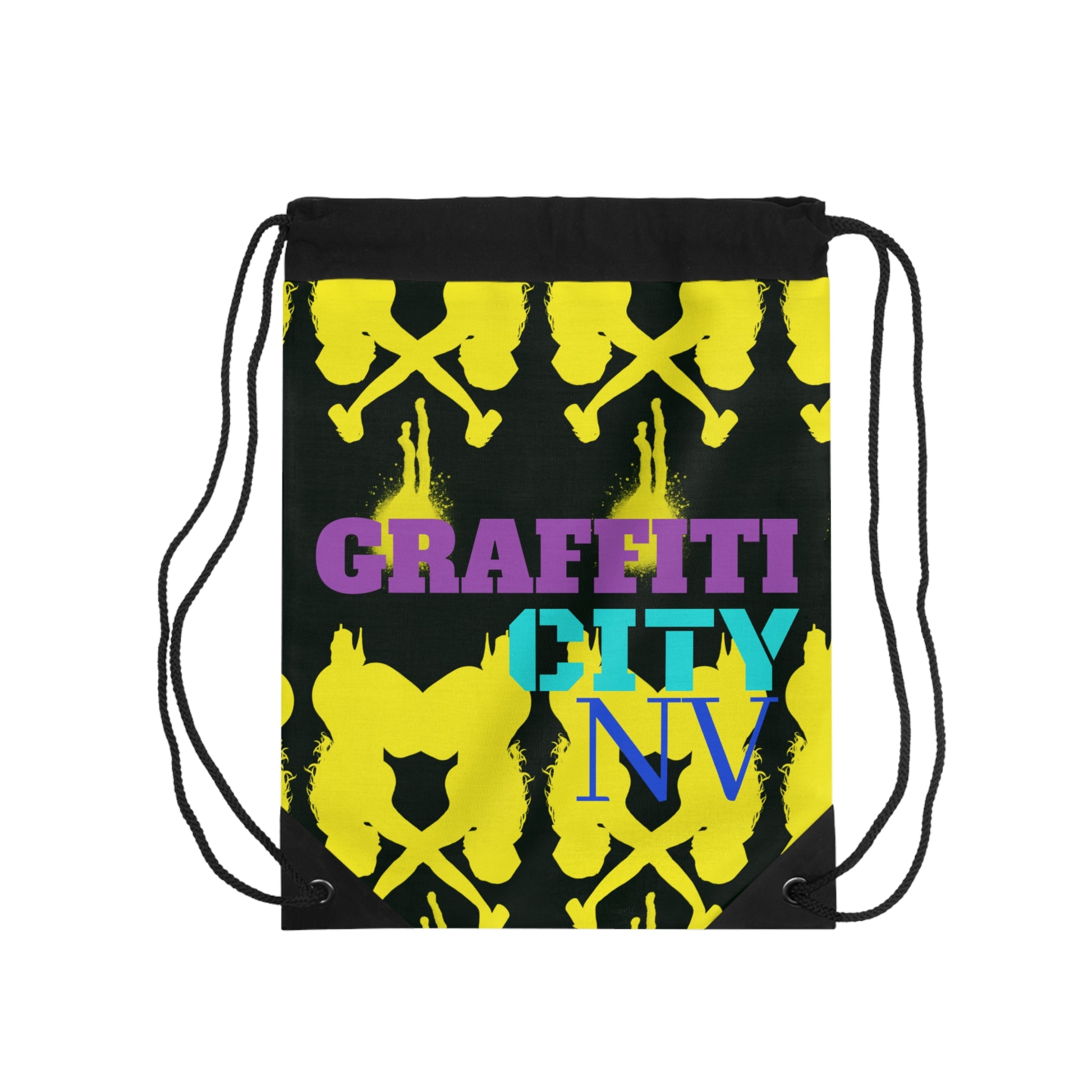 A black drawstring backpack featuring a vibrant yellow graffiti-style pattern and the text 'GRAFFITI CITY NV' in purple, teal, and blue, shown against a plain white background.