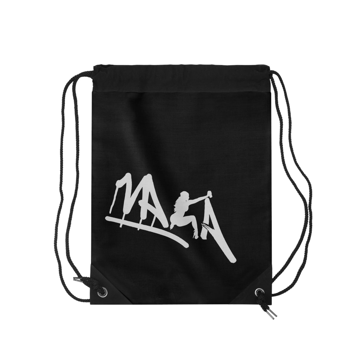 A black drawstring backpack with a white stylized graphic on the front, displayed against a solid white background.
