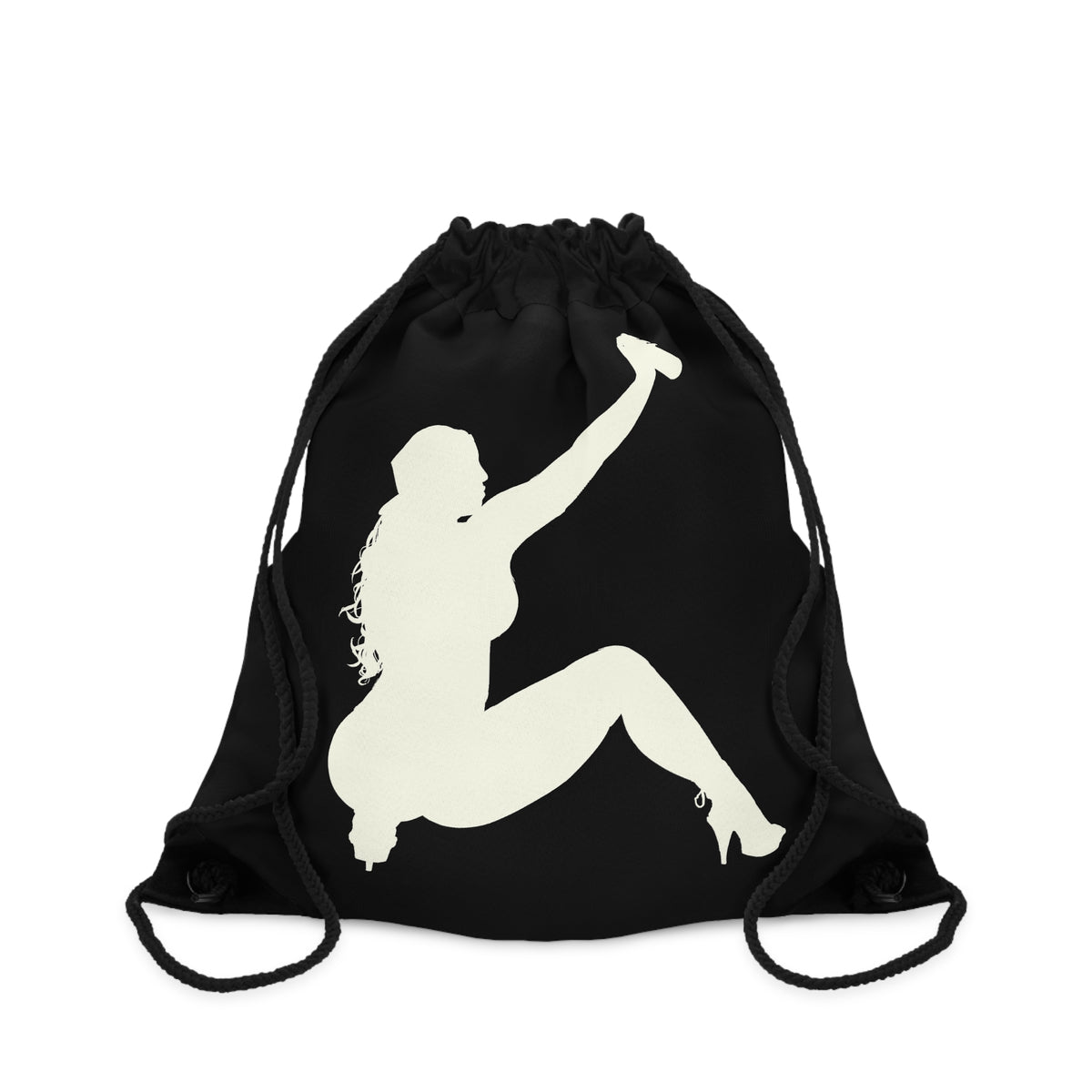 A black drawstring bag featuring a large cream-colored silhouette graphic of a woman in a crouched pose, shown against a plain white background holding a spray can. Graffiti City logo 