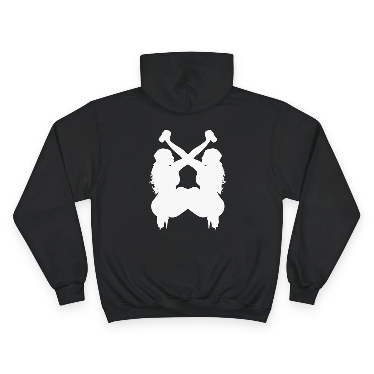 A black pullover hoodie shown flat against a white background, featuring a white graphic print on the back of two seated figures with crossed weapons.