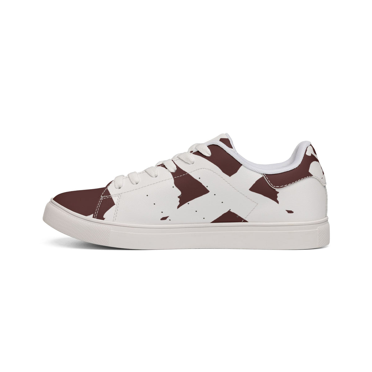 A low-top sneaker with a white base and dark brown abstract geometric pattern panels, shown from a side profile on a white background.