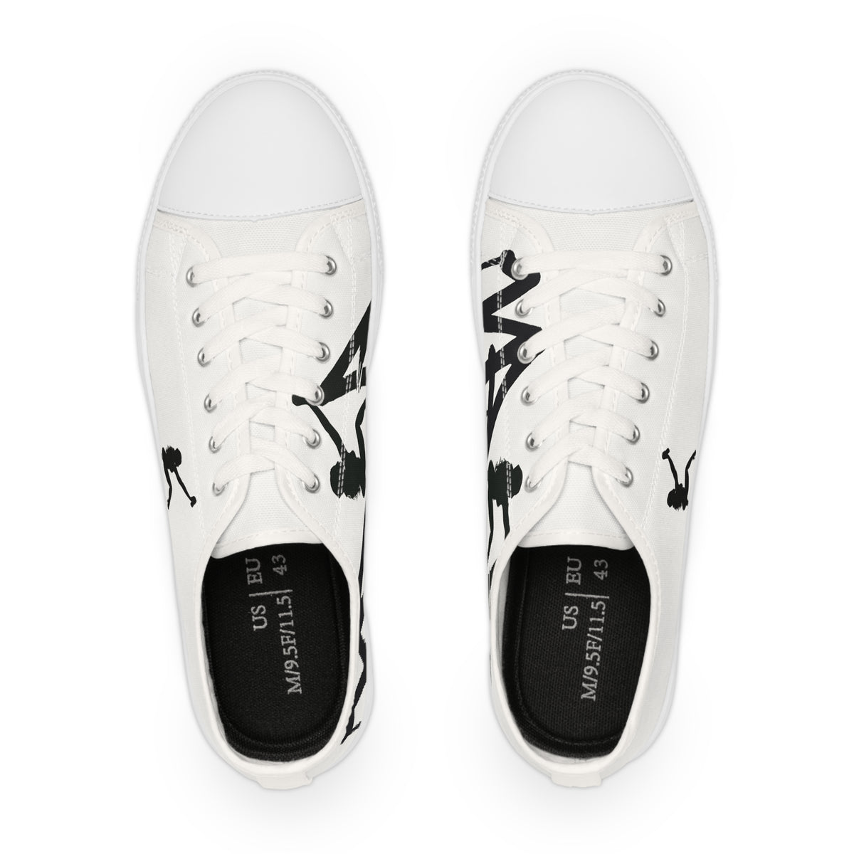 A pair of white low-top canvas sneakers shown from a top-down view, featuring black graphic prints on the sides and black insoles with white text.