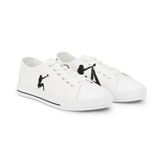 A pair of white low-top canvas sneakers with black graphic silhouettes of Graffiti City logo