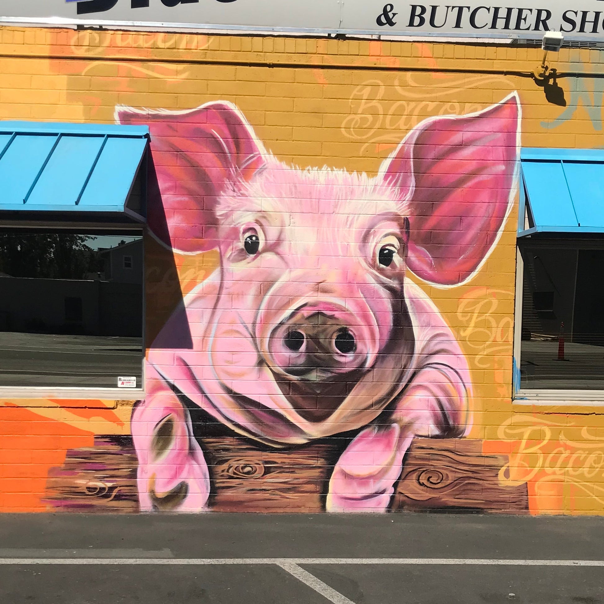 Mural of a pig on the side of a building with 'Butcher Shop' text.