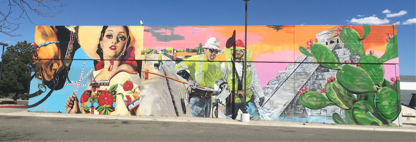 Mural on a building wall featuring people, animals, and nature.