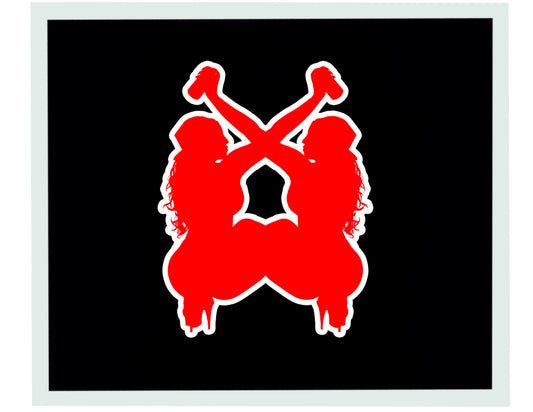 Red silhouette of Graffiti City logo for custom made square stickers. 