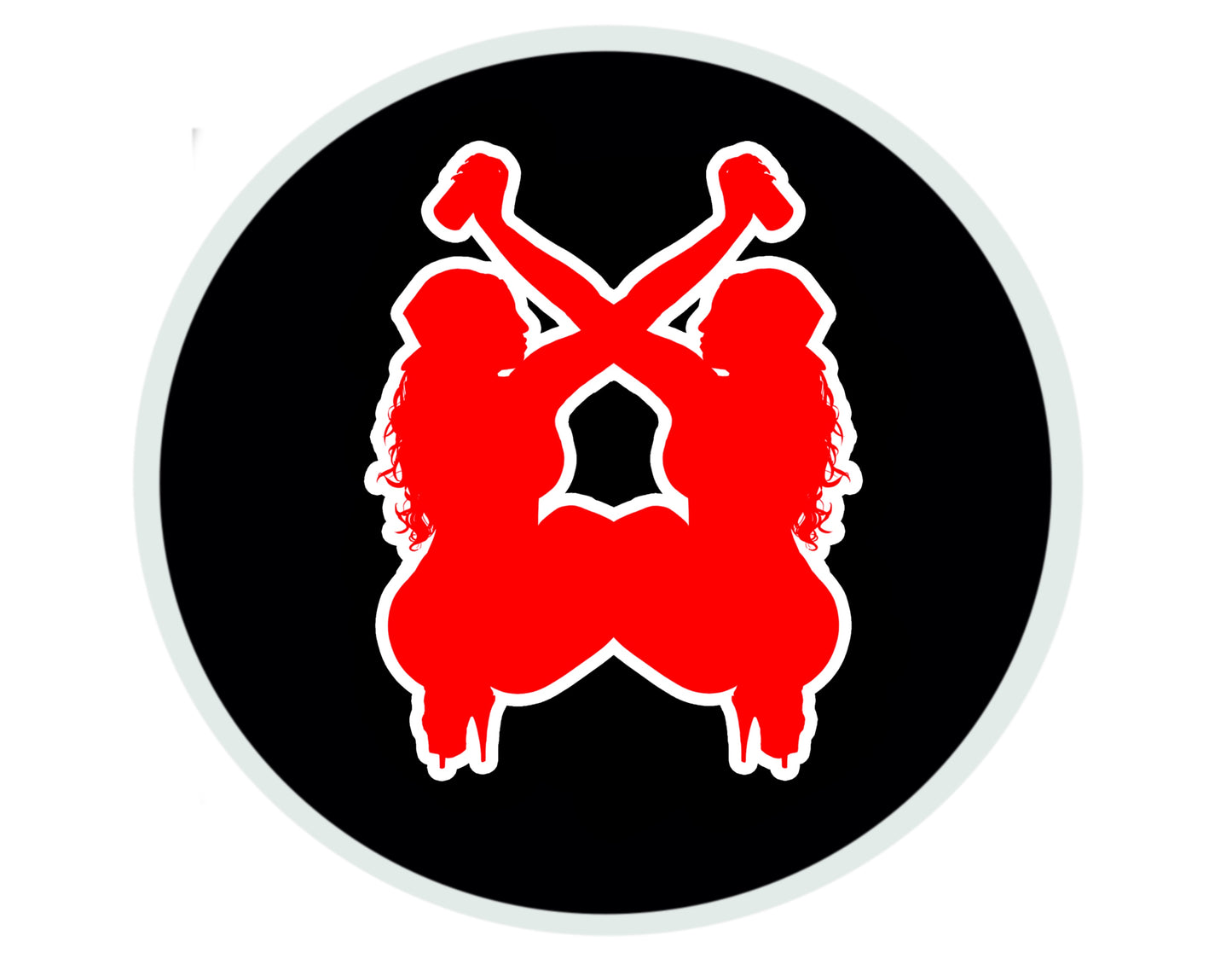 Red silhouette of two people holding hands on a black background with a white border
