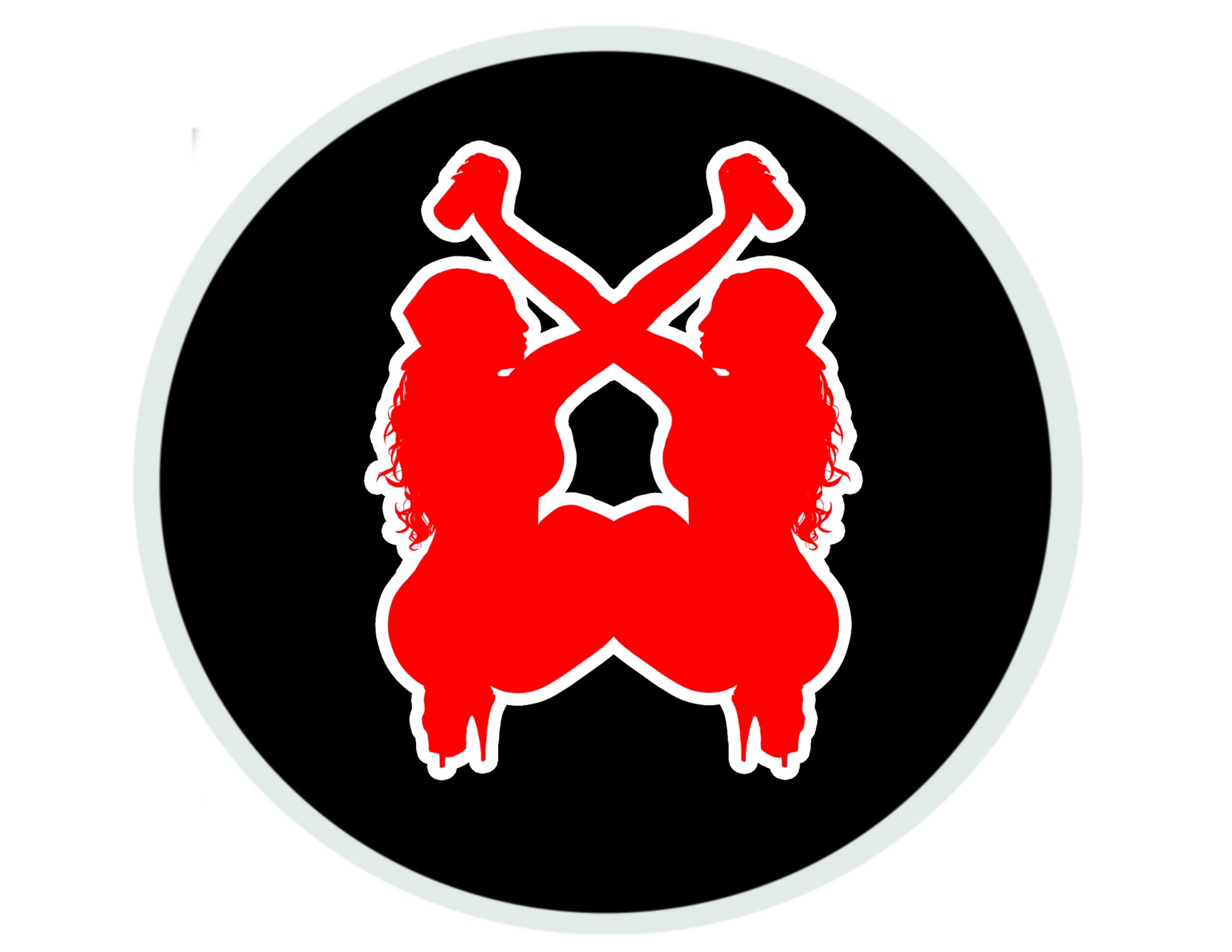Red silhouette of two people holding hands on a black background with a white border
