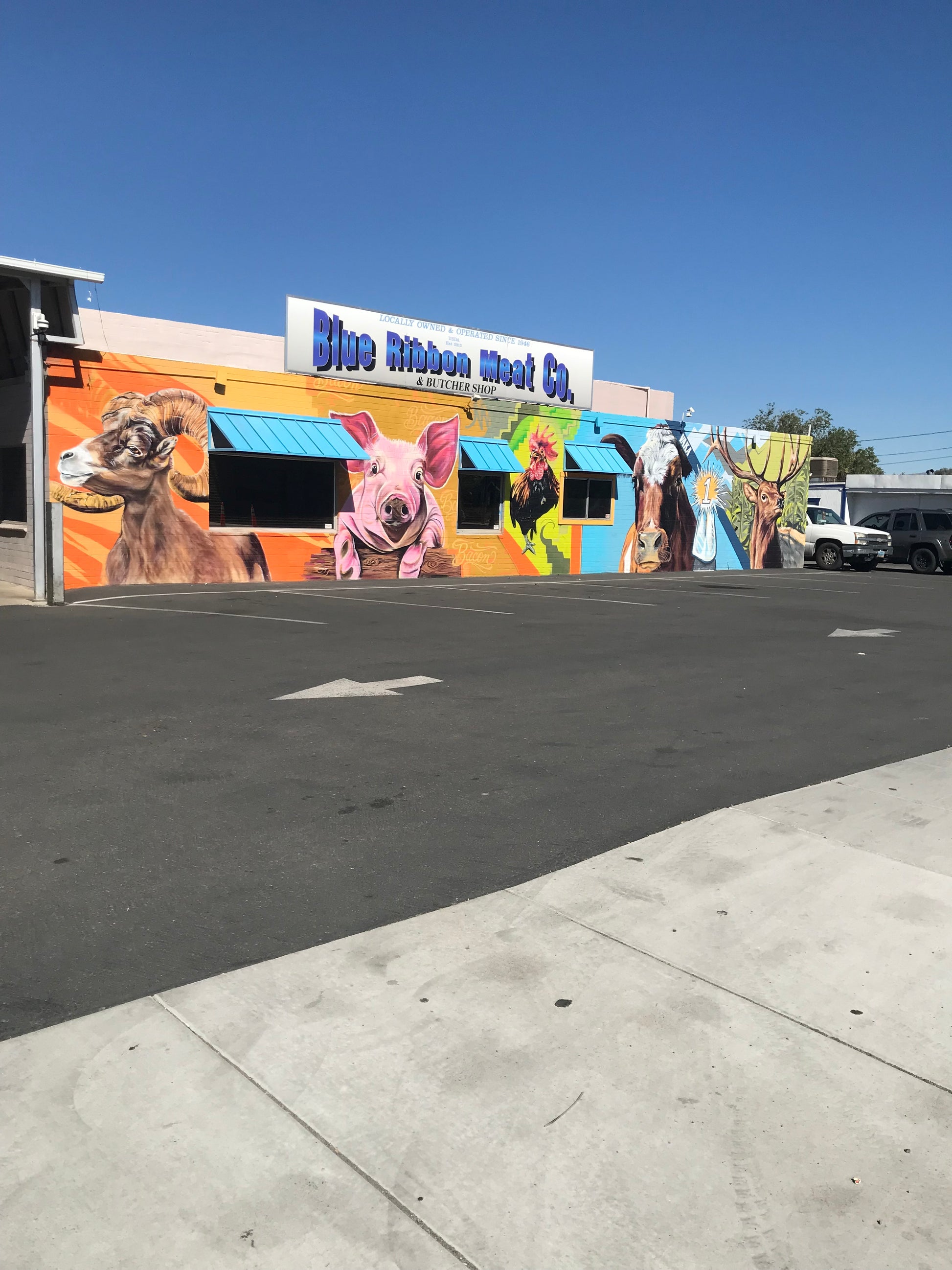 Colorful mural on a building with a clear blue sky