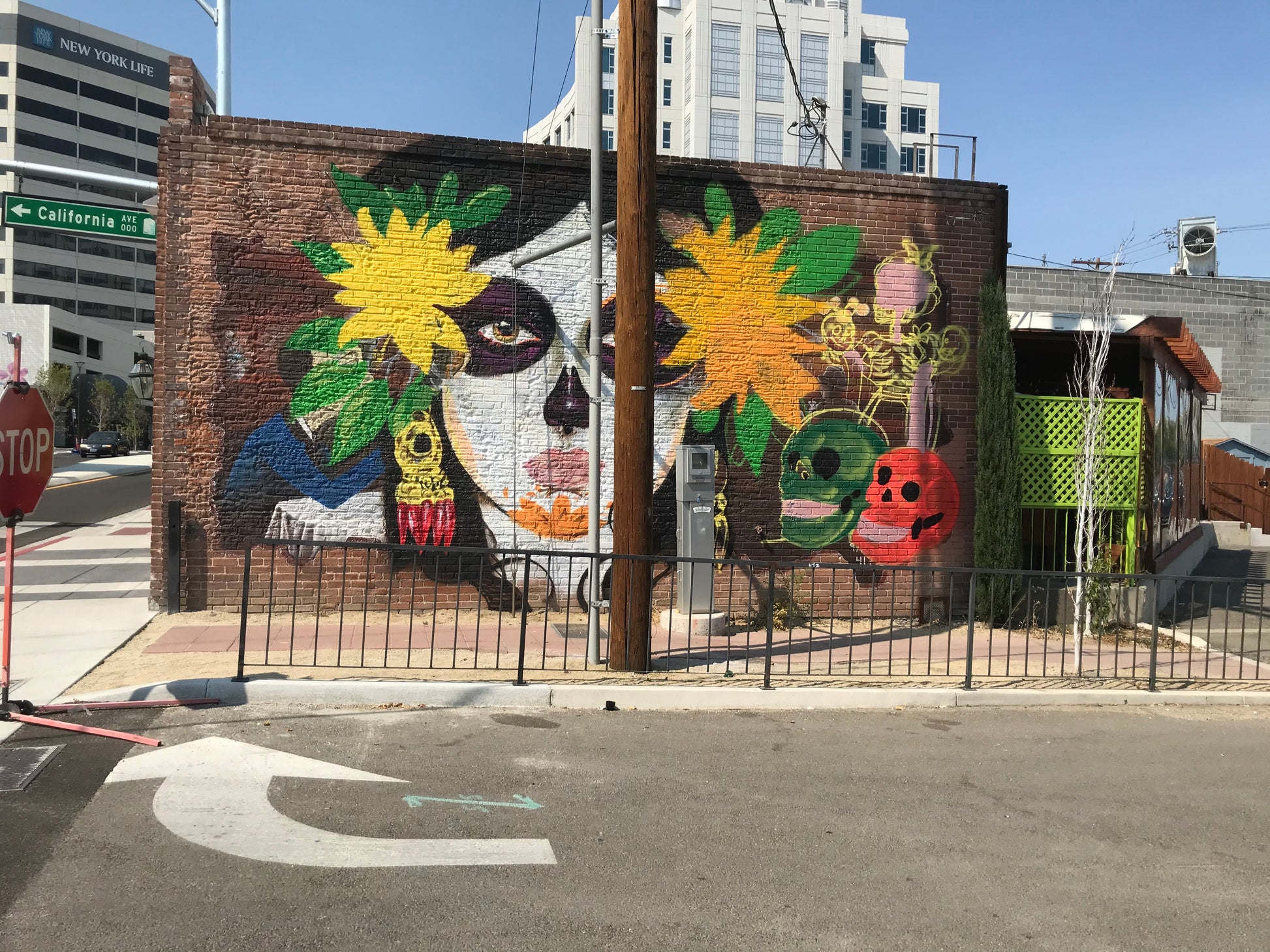 Mural of a woman's face with flowers on a brick wall in an urban setting.