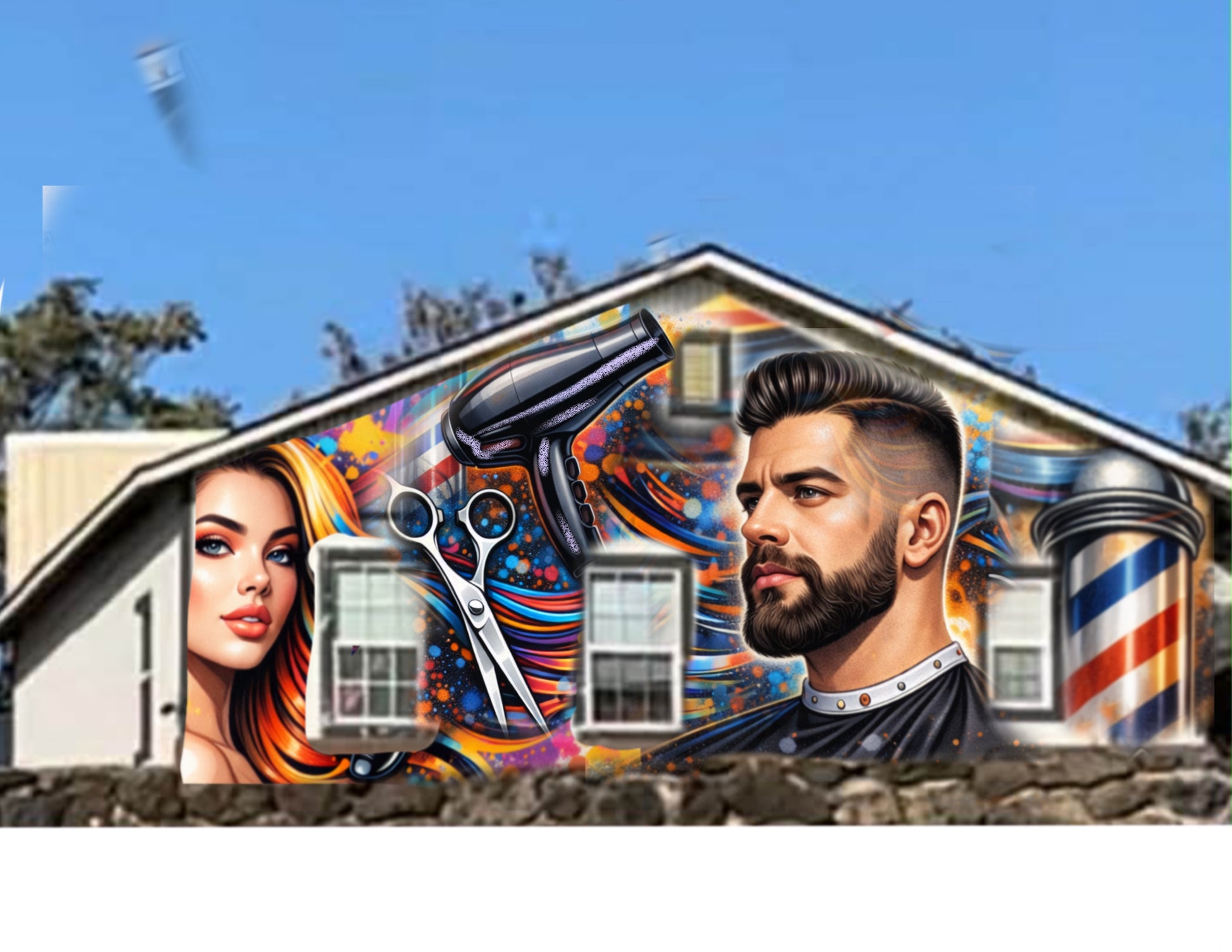 Mural of a man and woman with hair styling tools on a building exterior.